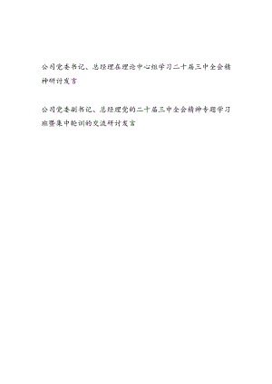 公司党委书记副书记总经理学习二十届三中全会精神研讨发言2篇（含理论中心组）.docx