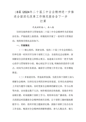 （8篇）2024年二十届三中全会精神进一步推进全面深化改革工作情况报告含下一步打算.docx
