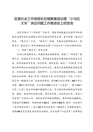 区委社会工作部部长在破解基层治理“小马拉大车”突出问题工作推进会上的发言.docx