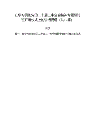 在学习贯彻党的二十届三中全会精神专题研讨班开班仪式上的讲话提纲样本12篇（详细版）.docx