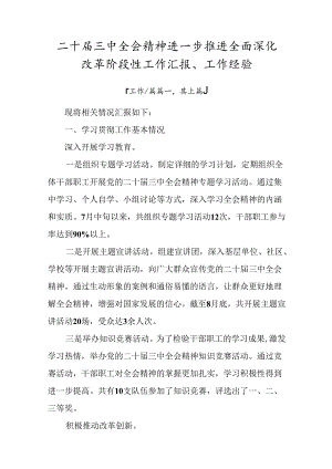 二十届三中全会精神进一步推进全面深化改革阶段性工作汇报、工作经验.docx