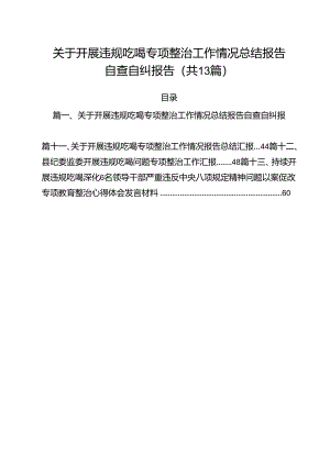 关于开展违规吃喝专项整治工作情况总结报告自查自纠报告13篇（详细版）.docx