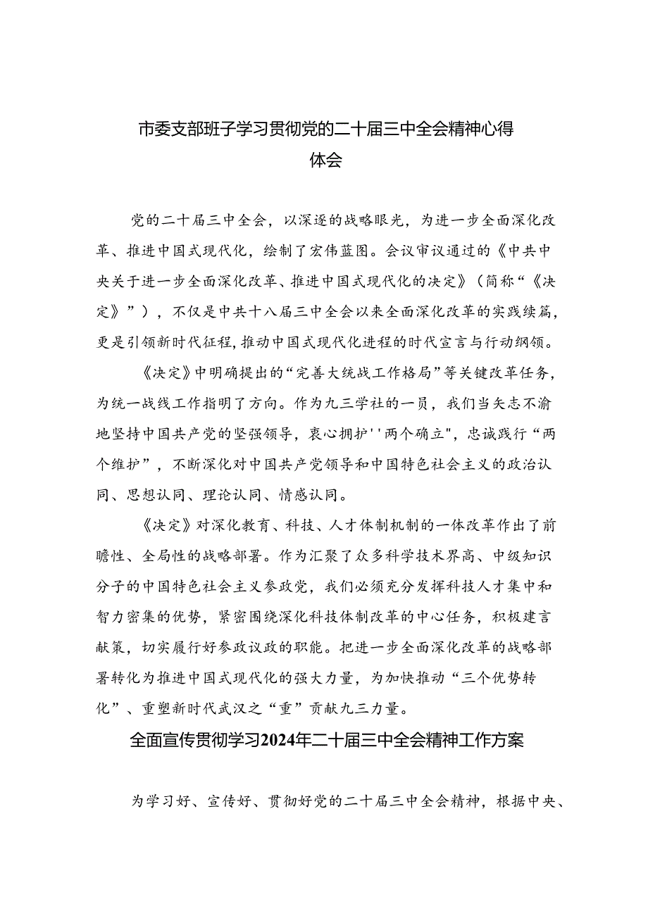 (8篇)市委支部班子学习贯彻党的二十届三中全会精神心得体会范文.docx_第1页