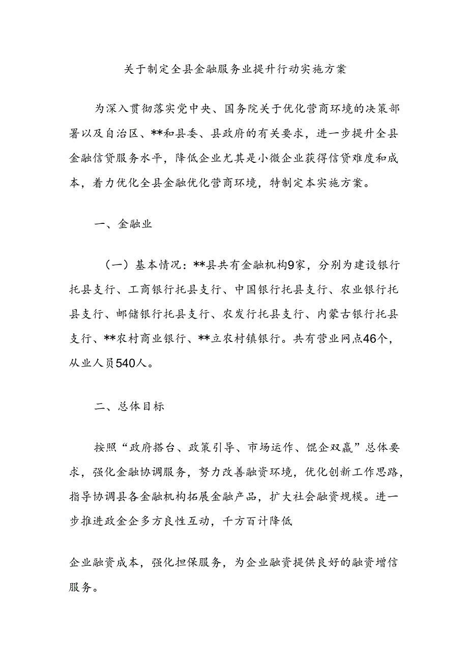 关于制定全县金融服务业提升行动实施方案.docx_第1页