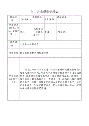 6月份自主游戏观察记录表.（积木）.docx