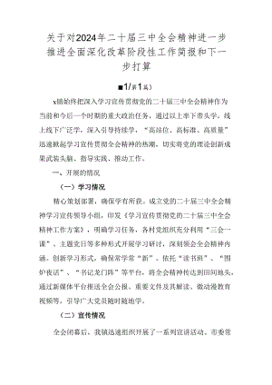 关于对2024年二十届三中全会精神进一步推进全面深化改革阶段性工作简报和下一步打算.docx
