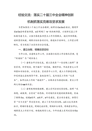 经验交流：落实二十届三中全会精神+创新机制抓落实+克难攻坚求发展.docx