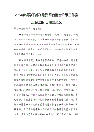 2024年领导干部在融资平台整合升级工作推进会上的汇报发言范文.docx