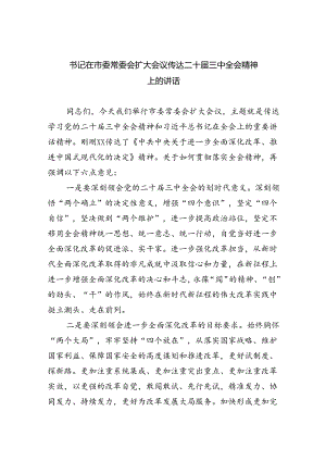 （8篇）书记在市委常委会扩大会议传达二十届三中全会精神上的讲话（精选）.docx