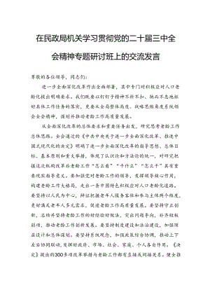 在民政局机关学习贯彻党的二十届三中全会精神专题研讨班上的交流发言.docx