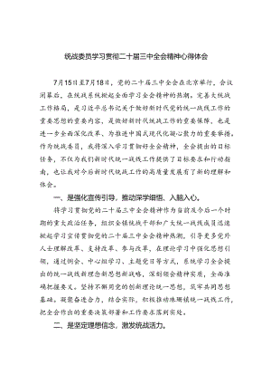 （9篇）统战委员学习贯彻二十届三中全会精神心得体会范文.docx