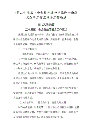 8篇二十届三中全会精神进一步推进全面深化改革工作汇报含工作亮点.docx