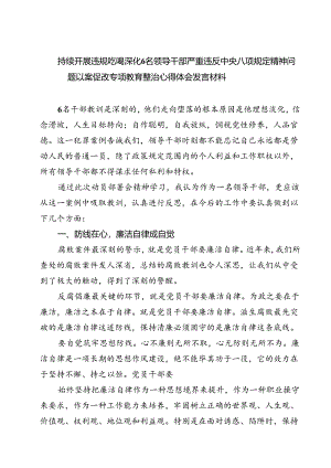 (六篇)持续开展违规吃喝深化6名领导干部严重违反中央八项规定精神问题以案促改专项教育整治心得体会发言材料通用.docx