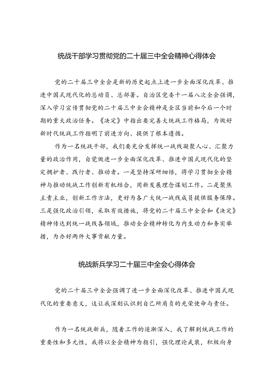 统战干部学习贯彻党的二十届三中全会精神心得体会（共五篇选择）.docx_第1页