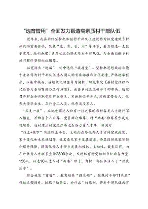 交流发言：“选育管用”全面发力 锻造高素质村干部队伍.docx