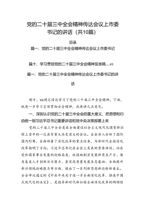 （10篇）党的二十届三中全会精神传达会议上市委书记的讲话范文.docx