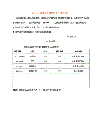 公司食品安全管理任命书模板.docx