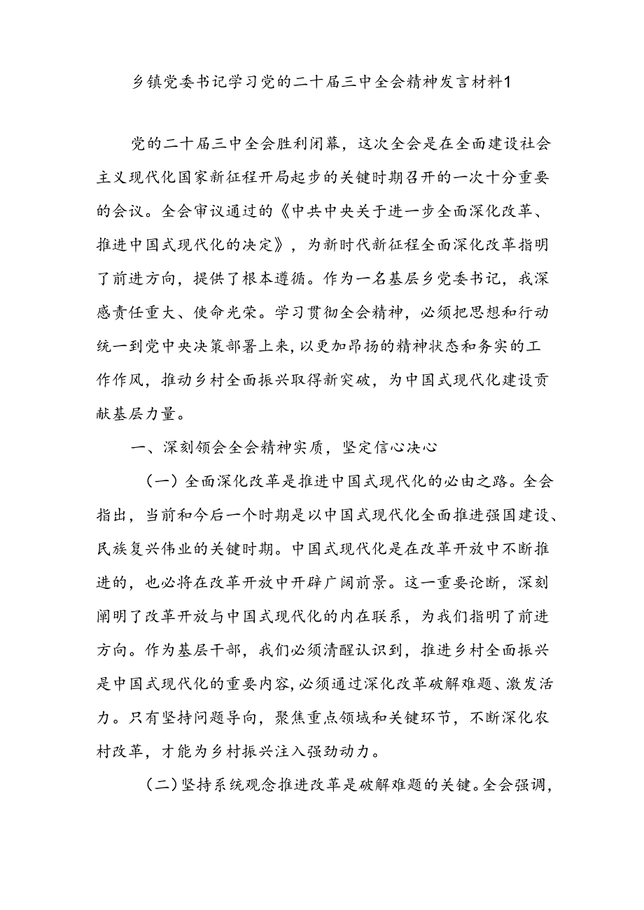 乡镇党委书记学习二十届三中全会精神研讨发言材料心得体会2篇.docx_第2页