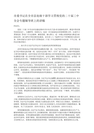 市委书记在全市县处级干部学习贯彻党的二十届三中全会专题辅导班上的讲稿 .docx