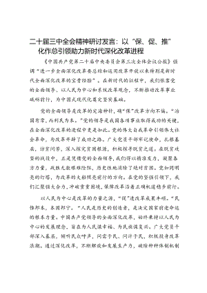 二十届三中全会精神研讨发言：以“保、促、推”化作总引领助力新时代深化改革进程.docx