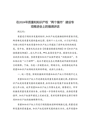 在2024年质量和知识产权“两个强市”建设专题推进会上的强调讲话.docx