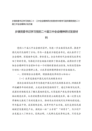 乡镇党委书记学习党的二十届三中全会精神研讨发言材料+乡镇学习宣传贯彻党的二十届三中全会精神计划方案.docx