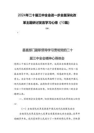 2024年二十届三中全会进一步全面深化改革主题研讨发言学习心得（10篇）.docx