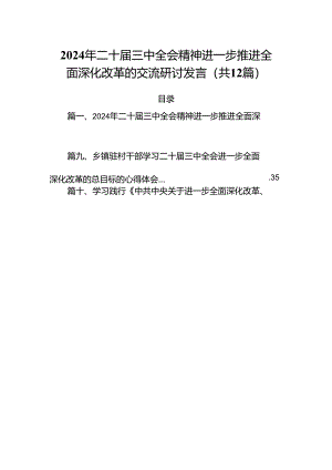 2024年二十届三中全会精神进一步推进全面深化改革的交流研讨发言（共12篇）汇编.docx