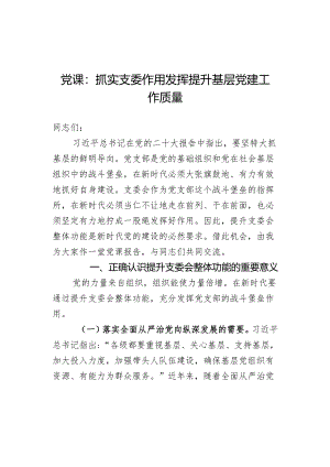 党课：抓实支委作用发挥 提升基层党建工作质量 .docx