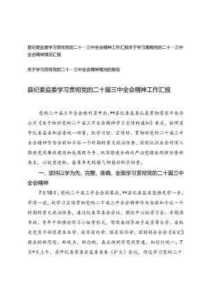 2024年县纪委监委学习贯彻党的二十届三中全会精神工作汇报.docx