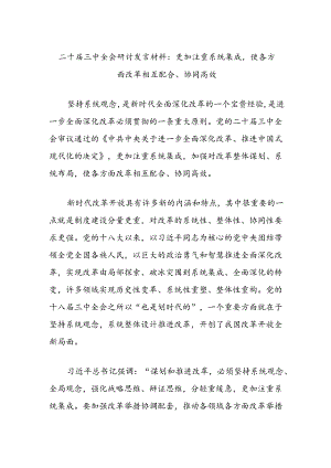 二十届三中全会研讨发言材料：更加注重系统集成使各方面改革相互配合、协同高效.docx