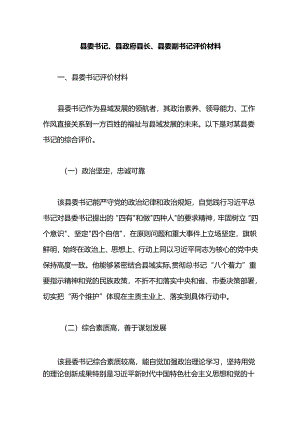 县委书记、县政府县长、县委副书记评价材料.docx