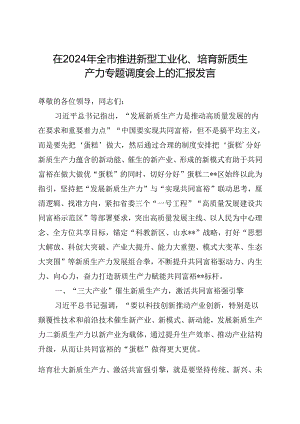 在2024年全市推进新型工业化、培育新质生产力专题调度会上的汇报发言.docx