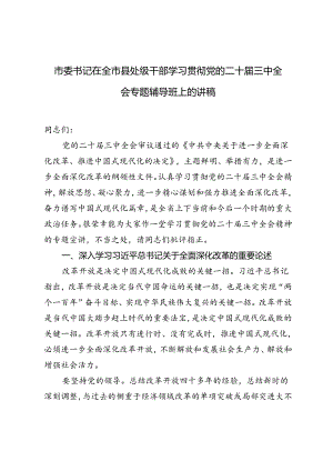 2024年市委书记在全市县处级干部学习贯彻党的二十届三中全会专题辅导班上的讲稿.docx