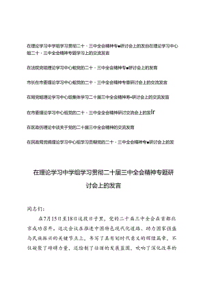 8篇 2024年8月在理论学习中学组学习贯彻二十届三中全会精神专题研讨会上的发言.docx