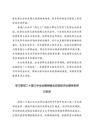 学习2024年二十届三中全会《决定》让民营企业在科技创新中释放更多活力心得体会、二十届三中全会精神健全宏观经济治理体系研讨发言.docx