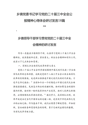 乡镇党委书记学习党的二十届三中全会公报精神心得体会研讨发言18篇.docx