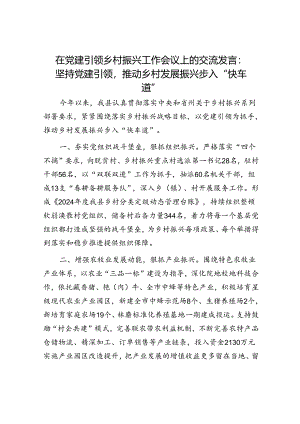 在党建引领乡村振兴工作会议上的交流发言：坚持党建引领推动乡村发展振兴步入“快车道”.docx