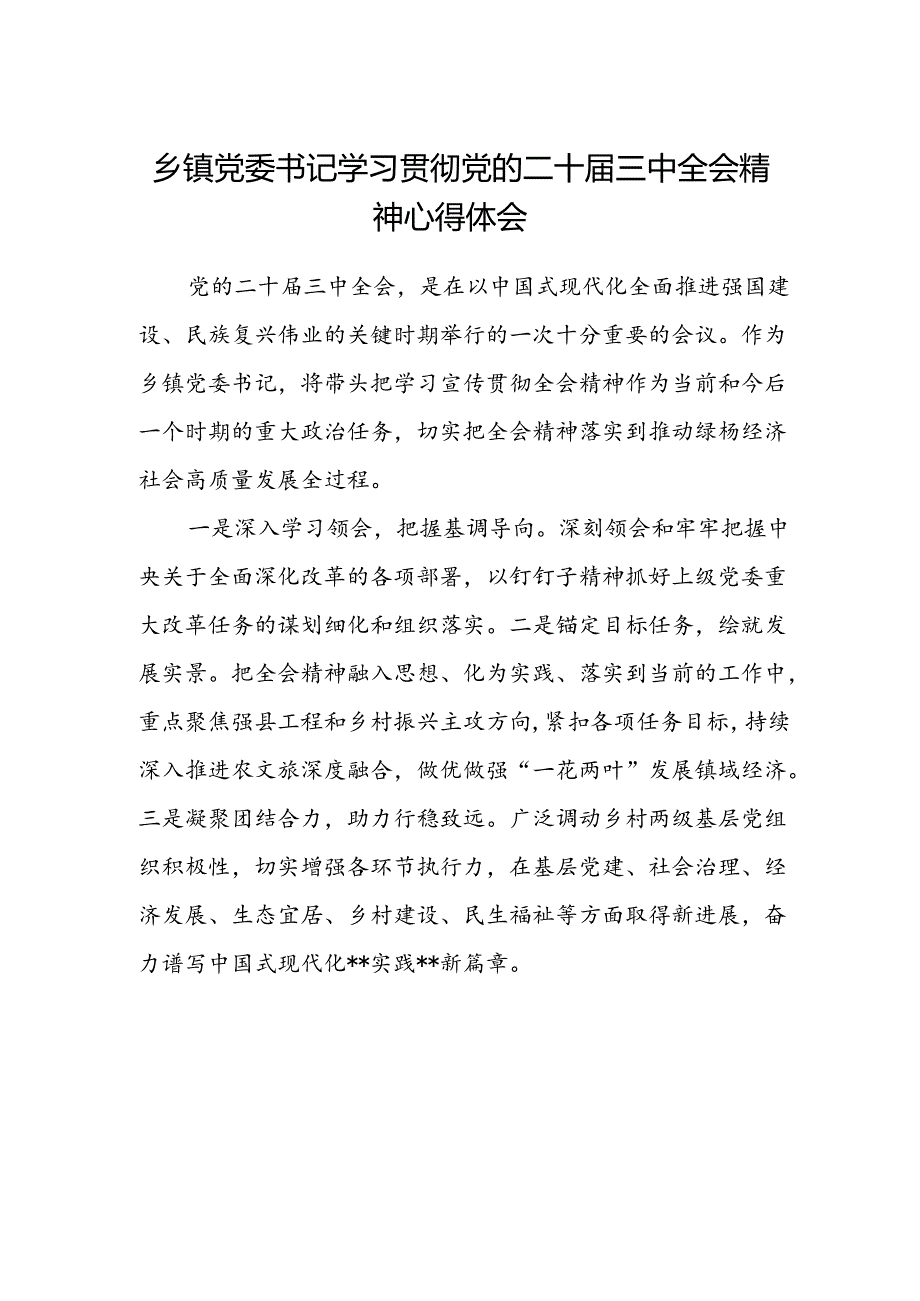 乡镇党委书记学习贯彻党的二十届三中全会精神心得体会.docx_第1页