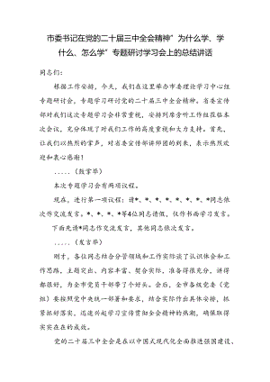 市委书记在党的二十届三中全会精神“为什么学、学什么、怎么学”专题研讨学习会上的总结讲话.docx