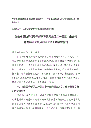 2篇 2024年领导干部学习贯彻党的二十届三中全会精神专题研讨班分组研讨会上的发言材料.docx