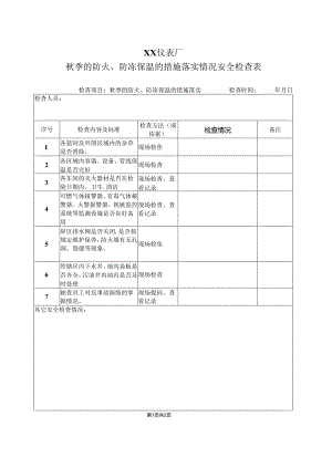 XX仪表厂秋季的防火、防冻保温的措施落实情况安全检查表（2024年）.docx