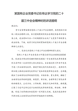 某国有企业党委书记在传达学习党的二十届三中全会精神时的讲话提纲.docx