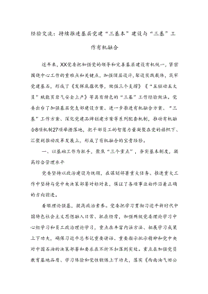 经验交流：持续推进基层党建“三基本”建设与“三基”工作有机融合.docx