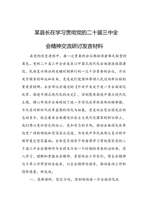 某县长在学习贯彻党的二十届三中全会精神交流研讨发言材料.docx