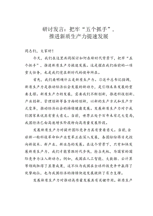 研讨发言：把牢“五个抓手”推进新质生产力提速发展.docx
