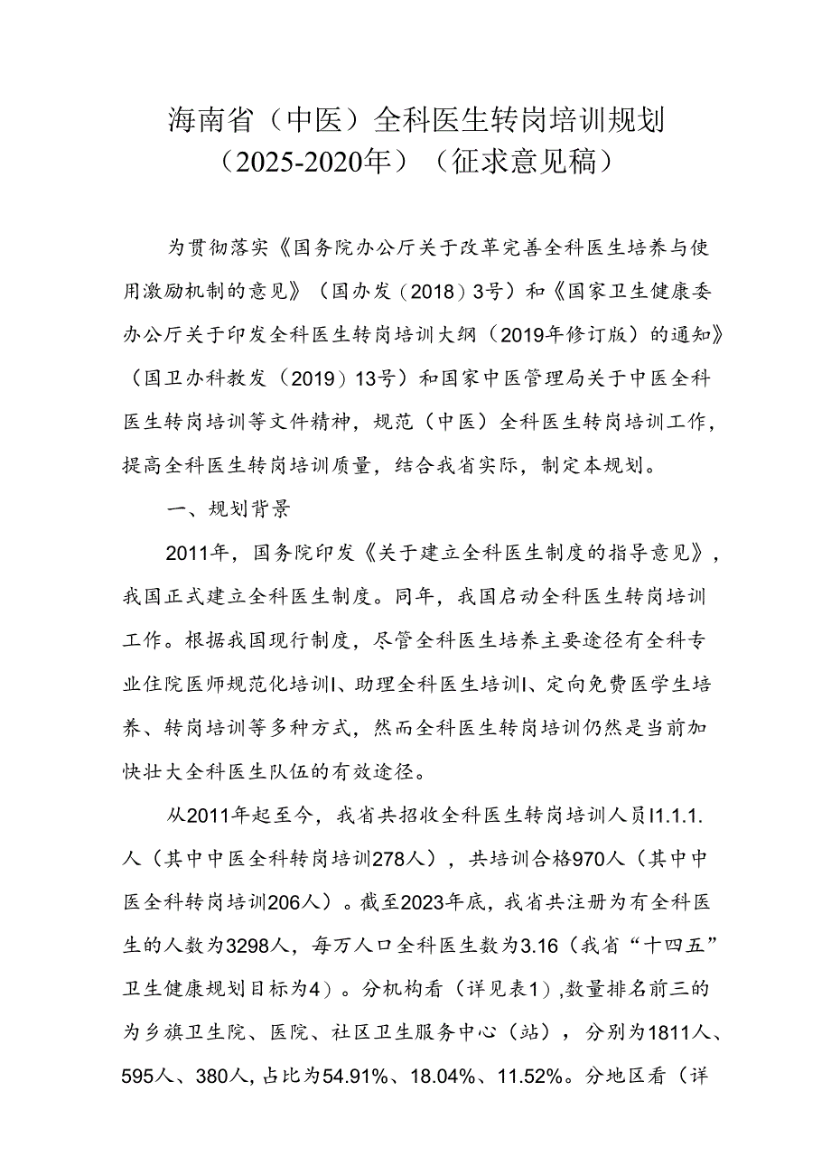 海南省(中医)全科医生转岗培训规划(2025-2020年)(征.docx_第1页