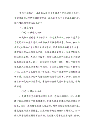 支部书记党纪学习教育专题组织生活会个人对照检查材料（四个对照）.docx