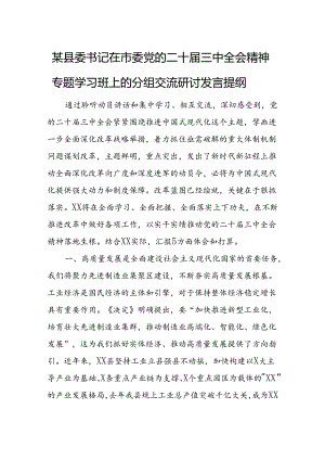 某县委书记在市委党的二十届三中全会精神专题学习班上的分组交流研讨发言提纲.docx