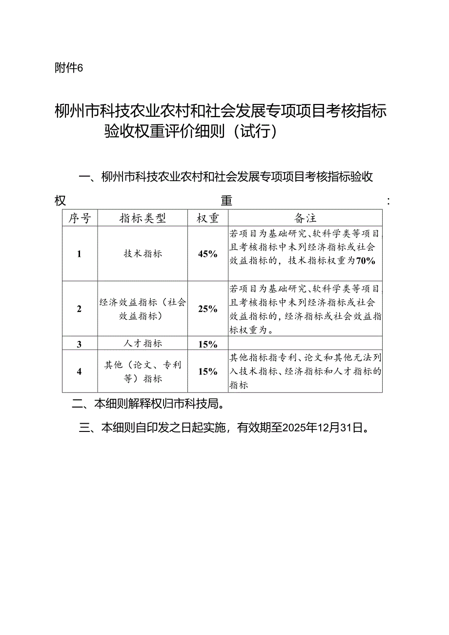 柳州市科技农业农村和社会发展专项项目考核指标验收权重评价细则(试行).docx_第1页